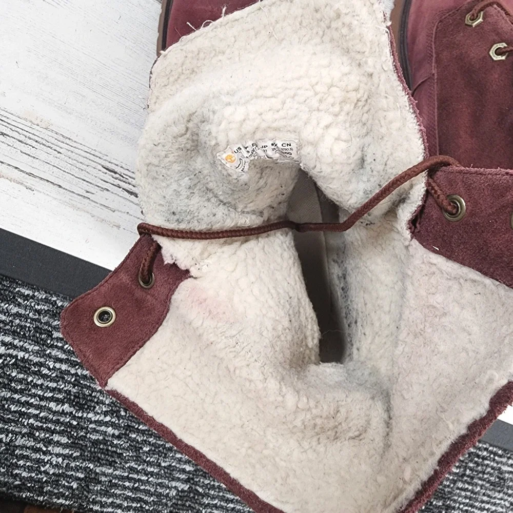 Timberland Boots Womens 10 Burgundy Suede Shearling Lined Lace Up Mid Calf